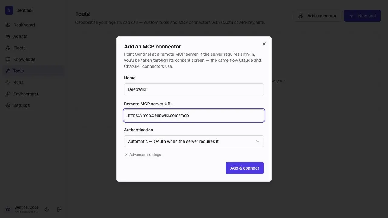 Sentinel Add an MCP connector dialog with a DeepWiki server URL