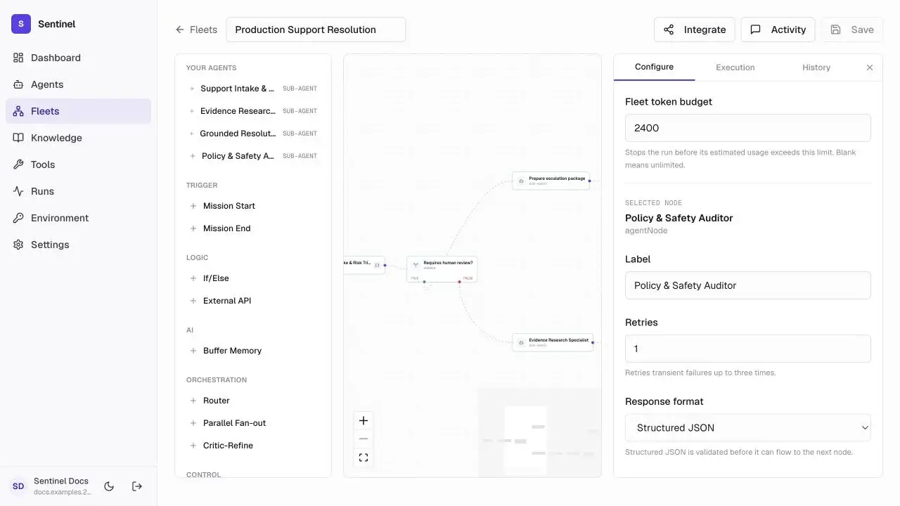 Fleet Configure tab showing the Policy and Safety Auditor node settings