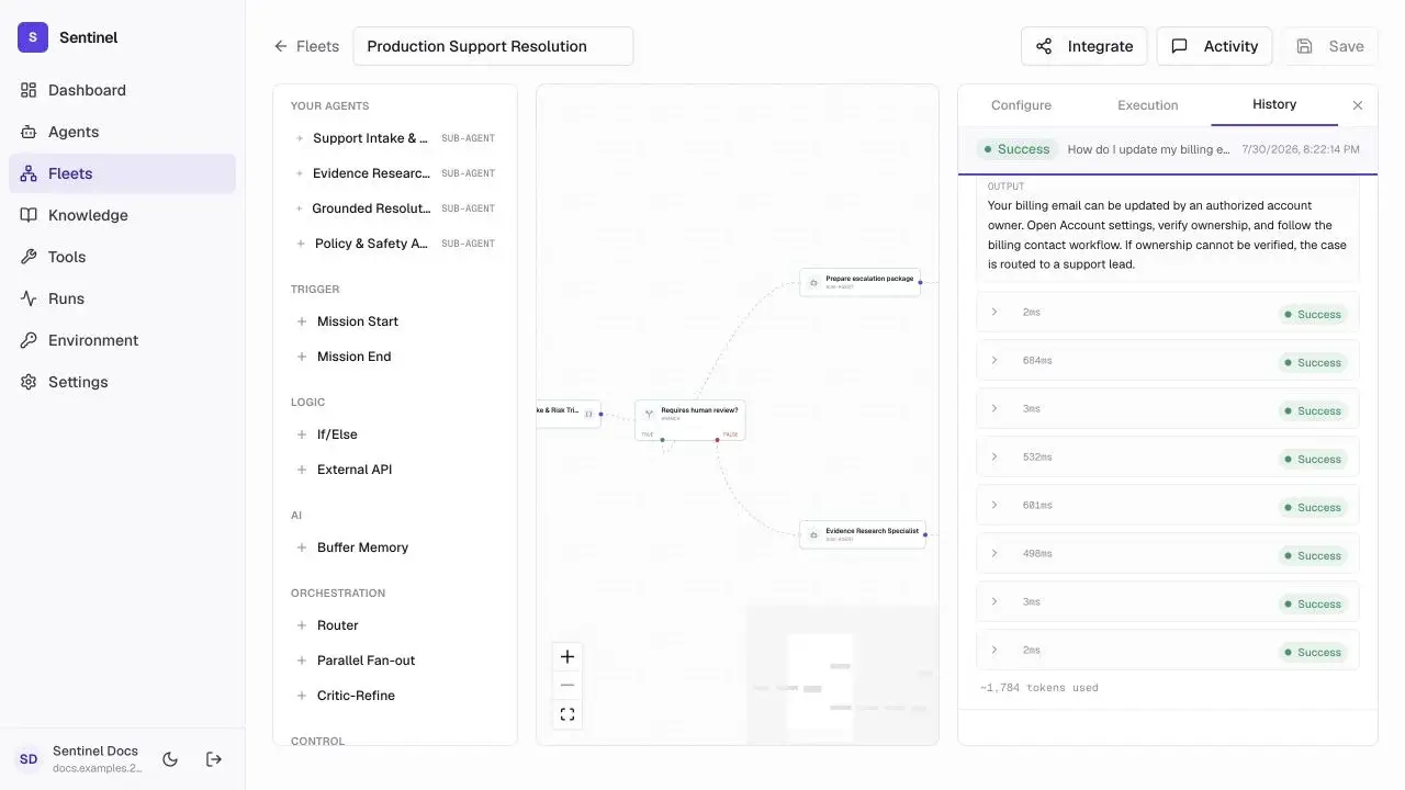 Fleet History tab showing a successful production workflow execution and node trace