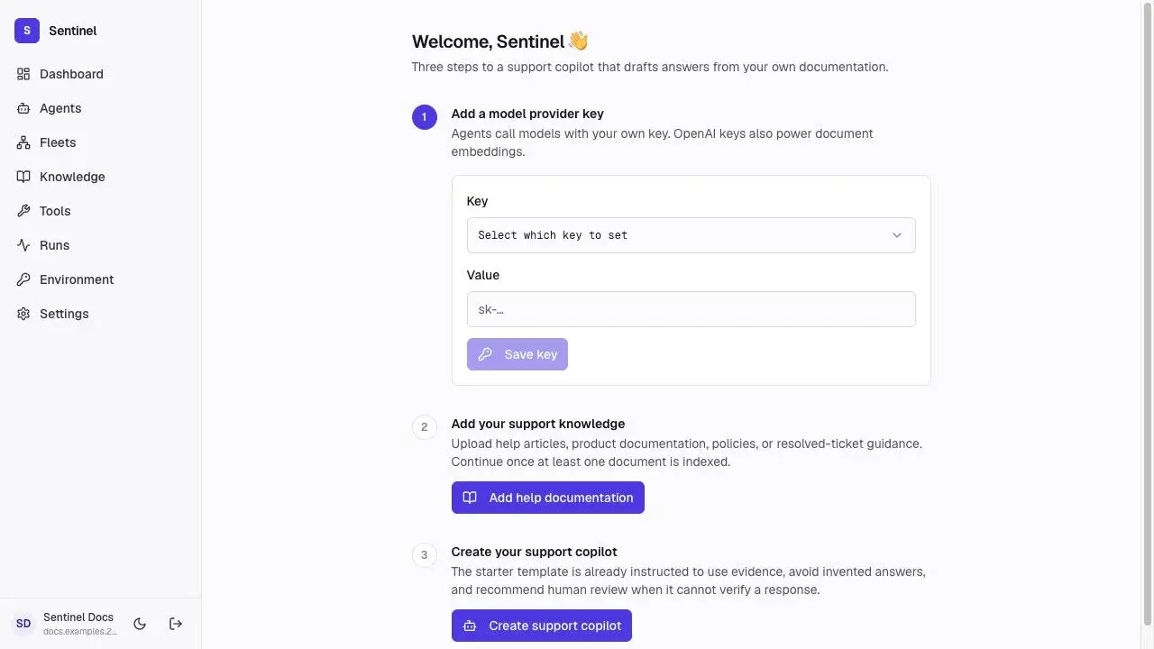 Sentinel onboarding screen for adding a model provider key