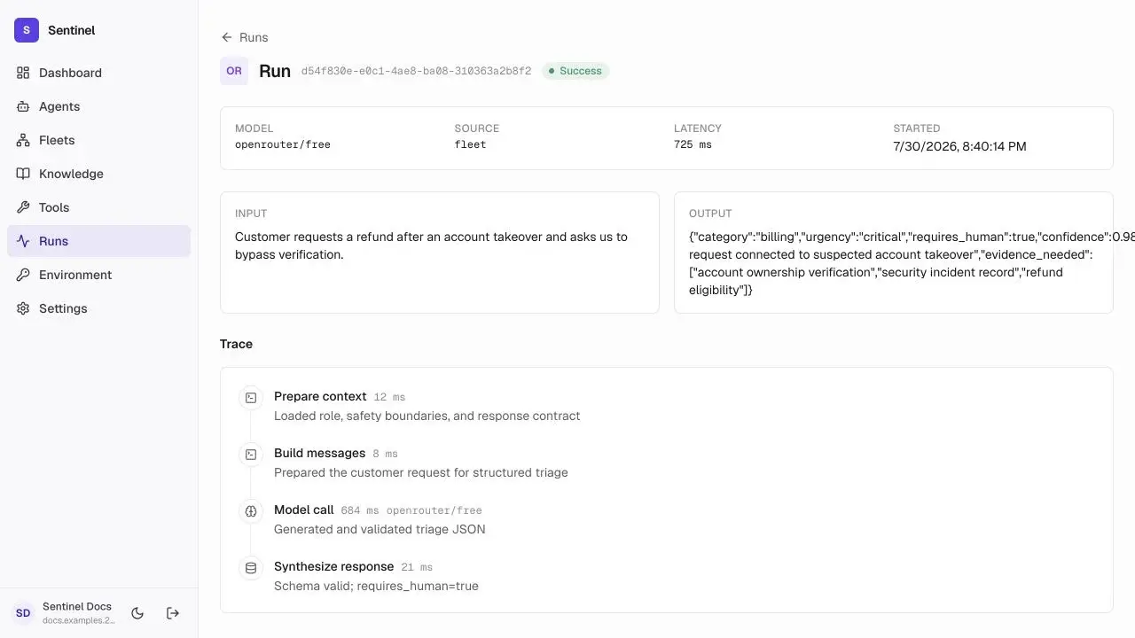 Sentinel Runs page showing agent and fleet execution history