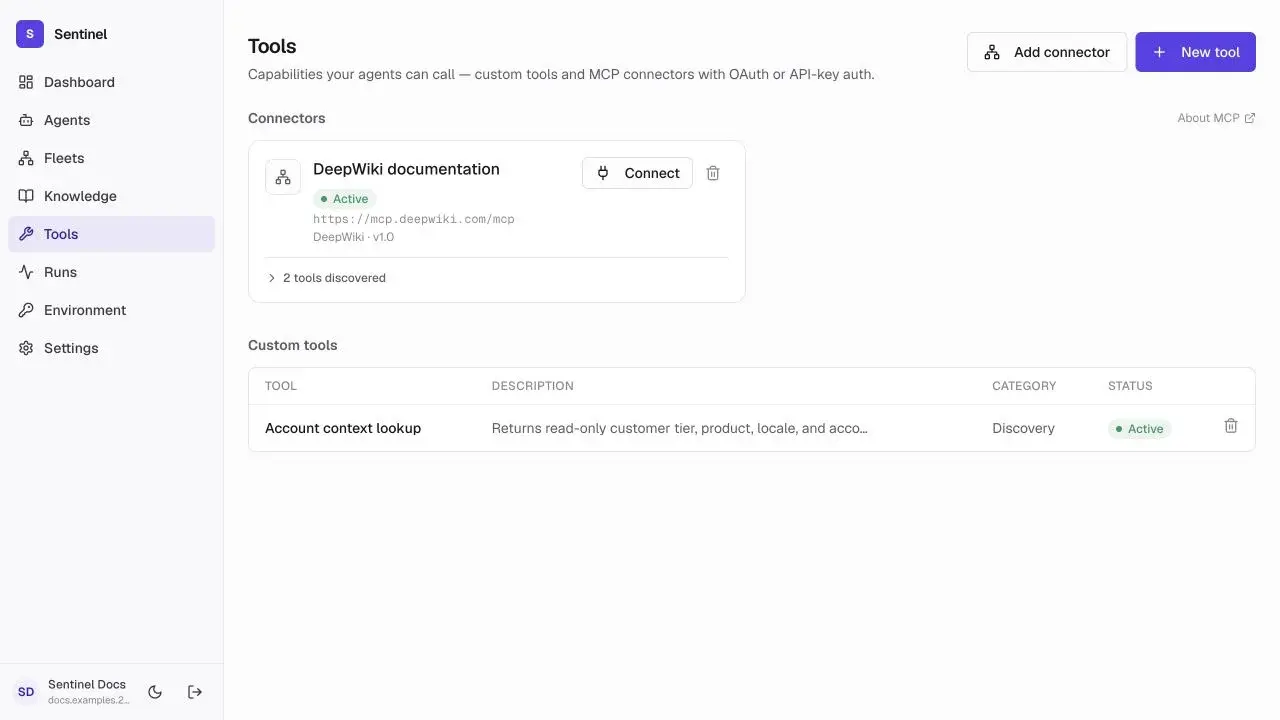 Sentinel Tools page with an active MCP connector and read-only custom tool