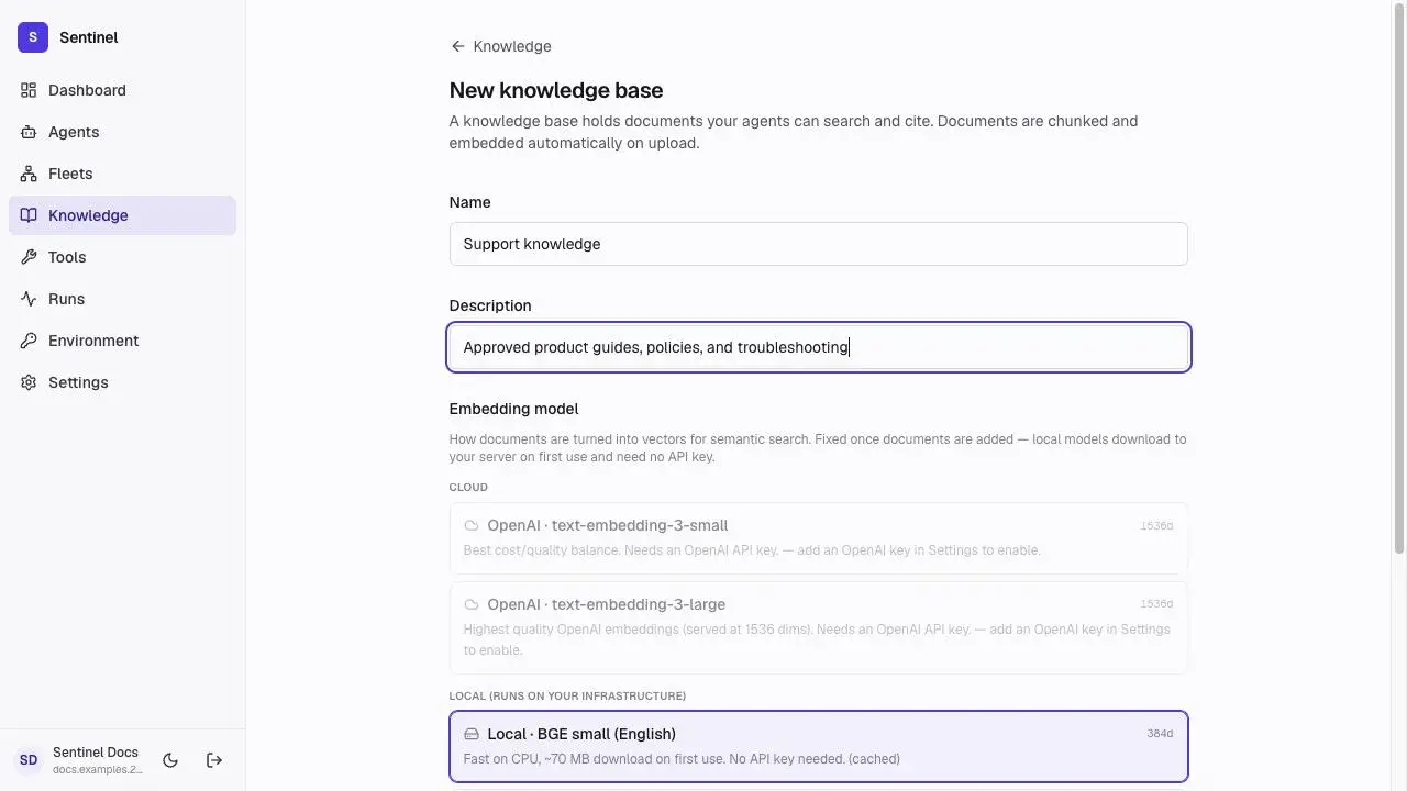 Sentinel knowledge base form showing cloud embedding choices