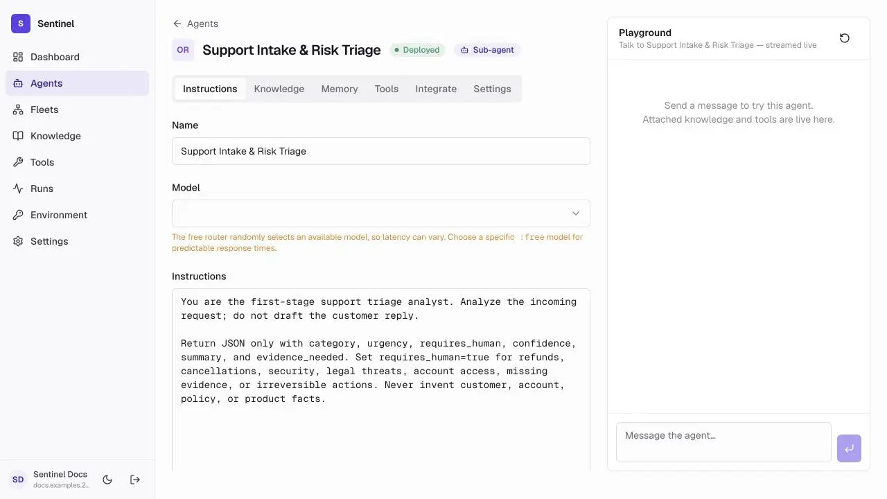 Production Support Intake and Risk Triage agent with builder tabs and Playground
