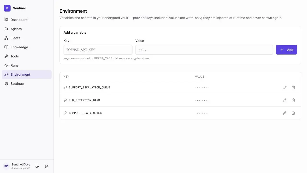 Sentinel Environment page with provider and runtime configuration