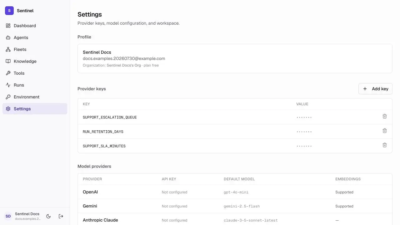 Sentinel Settings page showing provider keys and workspace identity
